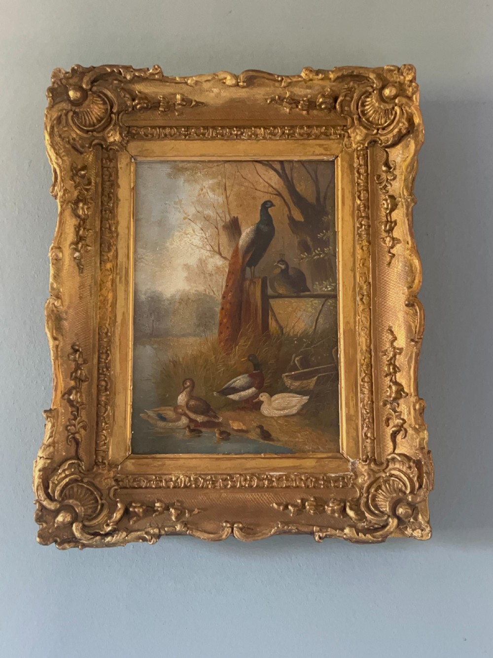 19Th Century Naïve Folk Art Oil Painting Of Birds By The Water’S Edge