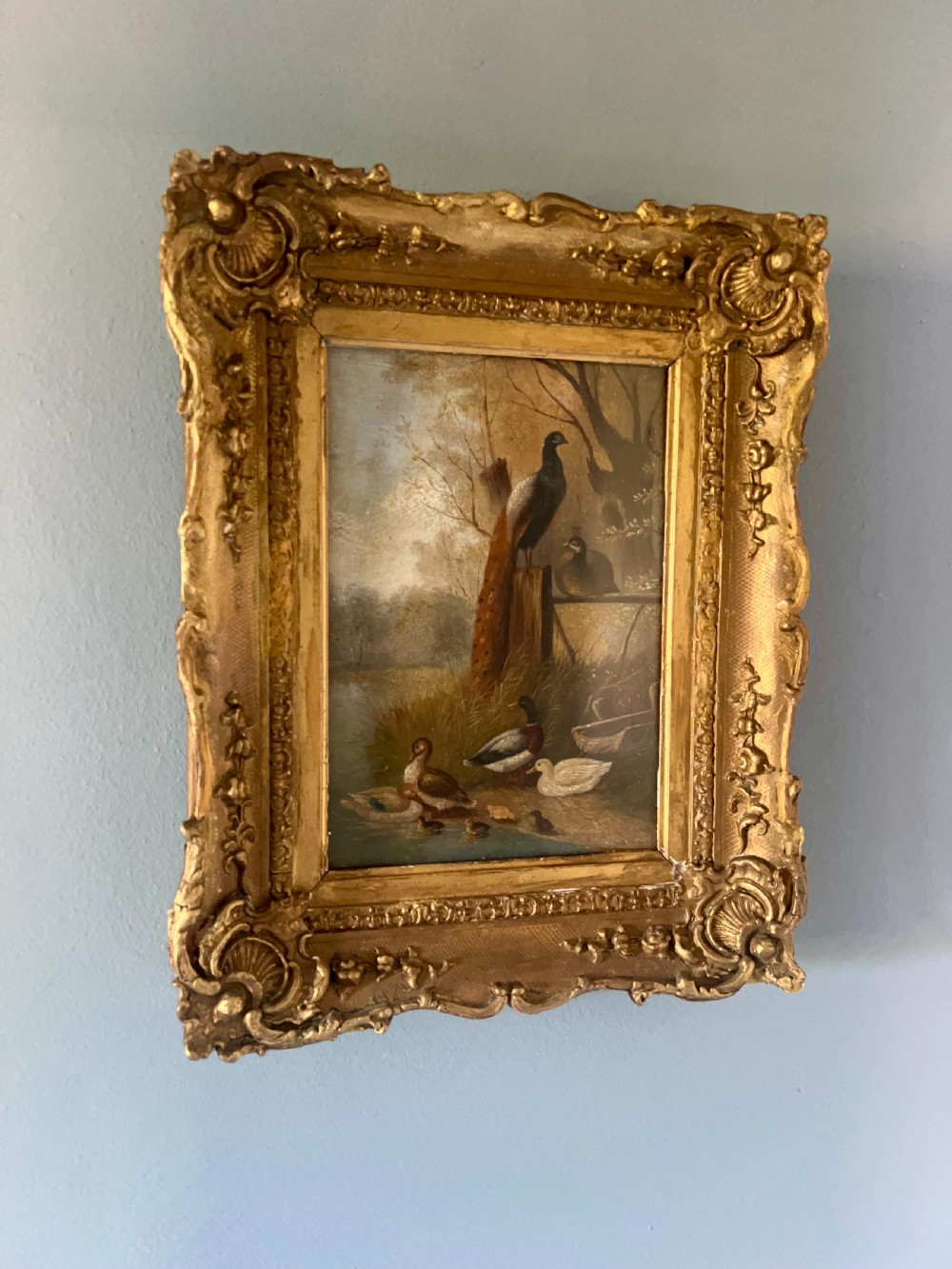 19Th Century Naïve Folk Art Oil Painting Of Birds By The Water’S Edge View II