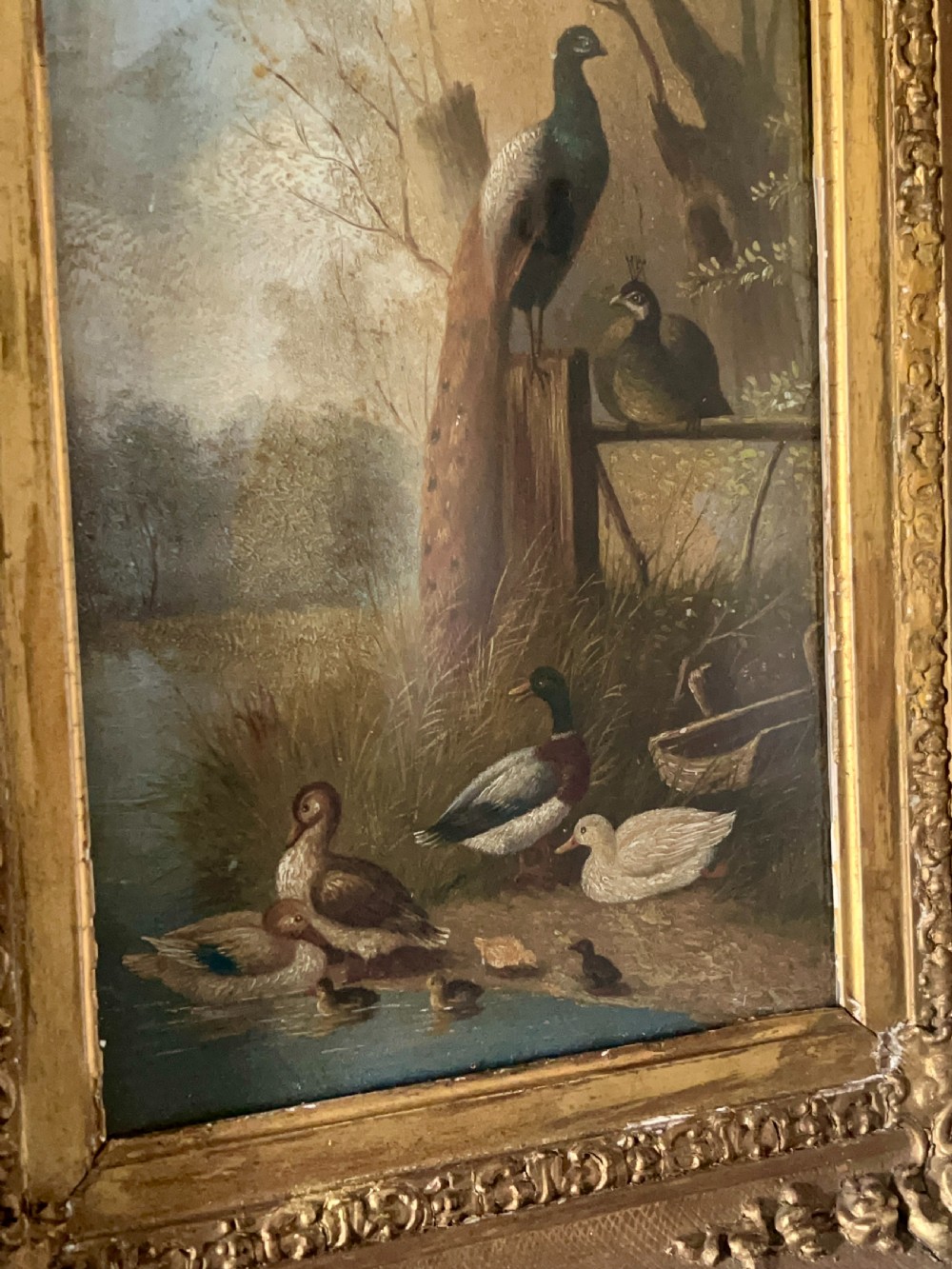 19Th Century Naïve Folk Art Oil Painting Of Birds By The Water’S Edge View III