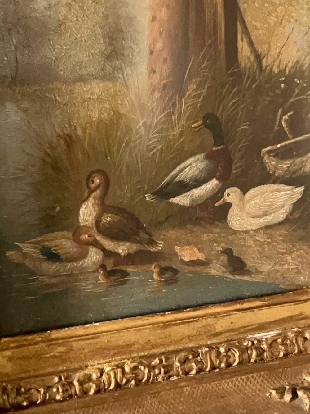 19Th Century Naïve Folk Art Oil Painting Of Birds By The Water’S Edge View IV