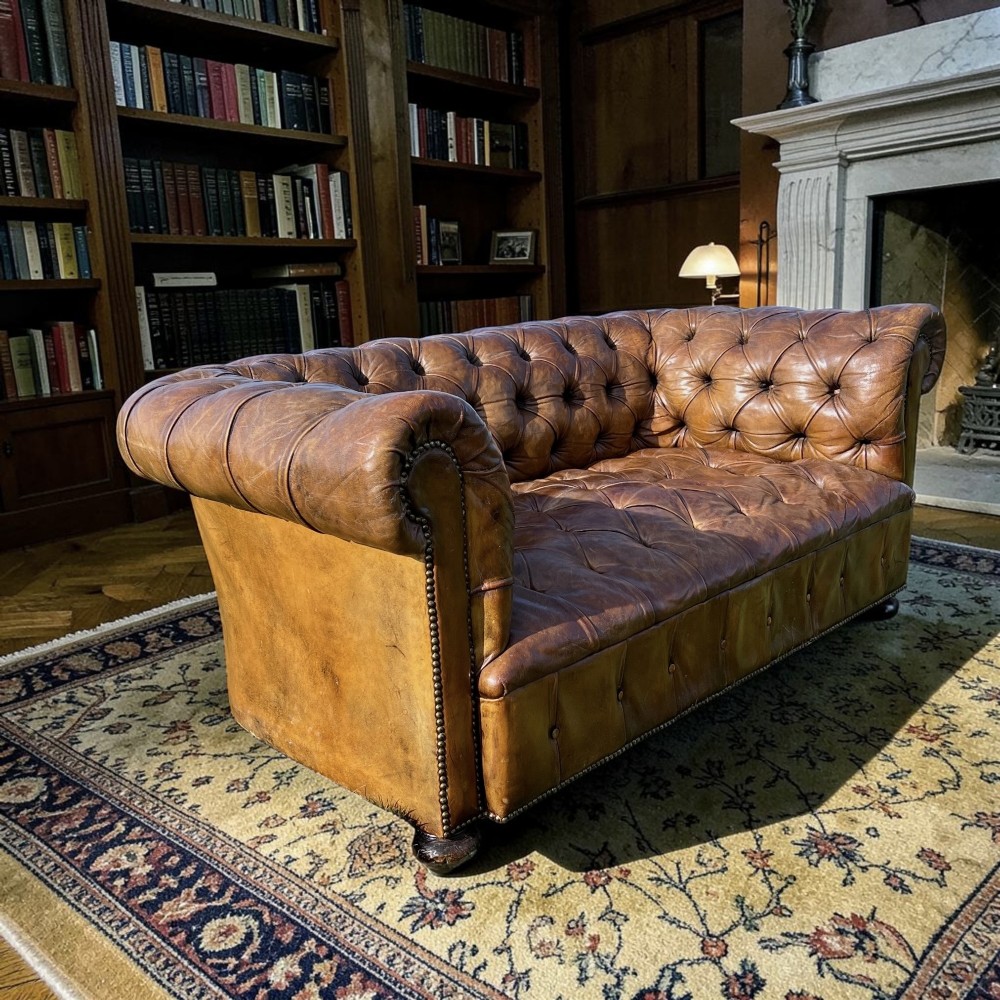 Antique Chesterfield Sofa 2 Seater Brown Leather Button Tufted Classic
