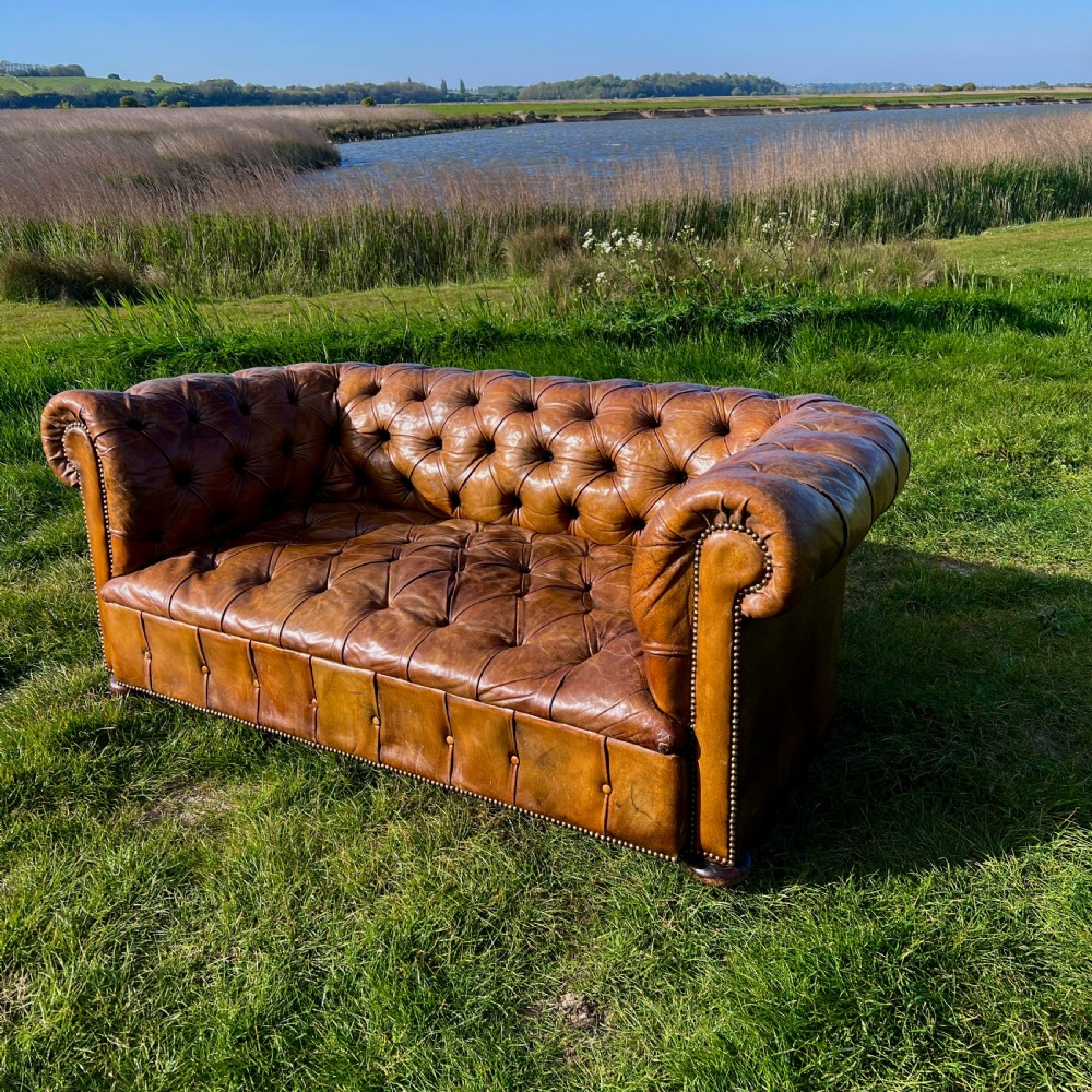Antique Chesterfield Sofa 2 Seater Brown Leather Button Tufted Classic View V