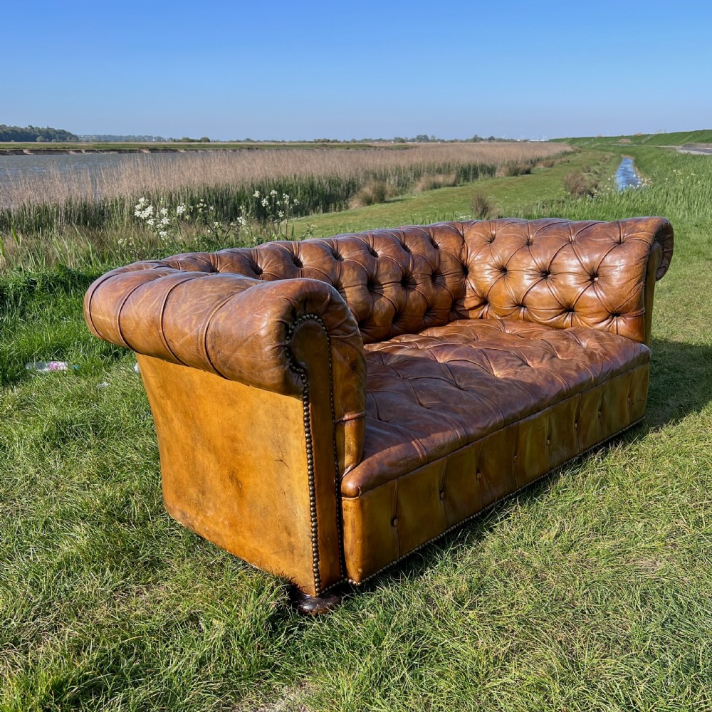 Antique Chesterfield Sofa 2 Seater Brown Leather Button Tufted Classic View VI