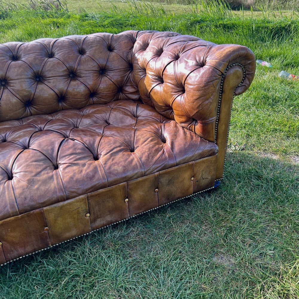 Antique Chesterfield Sofa 2 Seater Brown Leather Button Tufted Classic View IX
