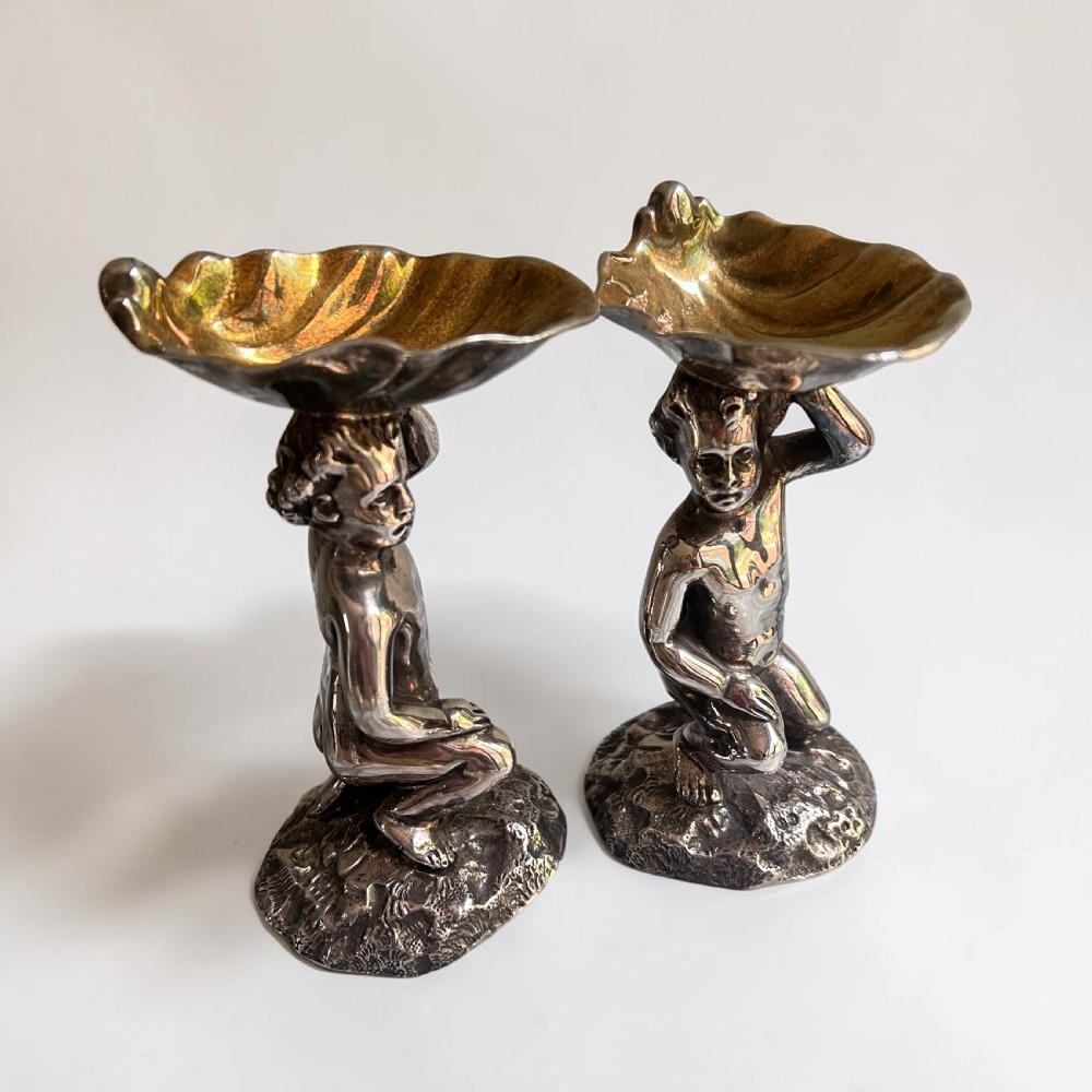 Pair Elkington Silver Plate Figural Salts, Gilt Lined, Circa 1900