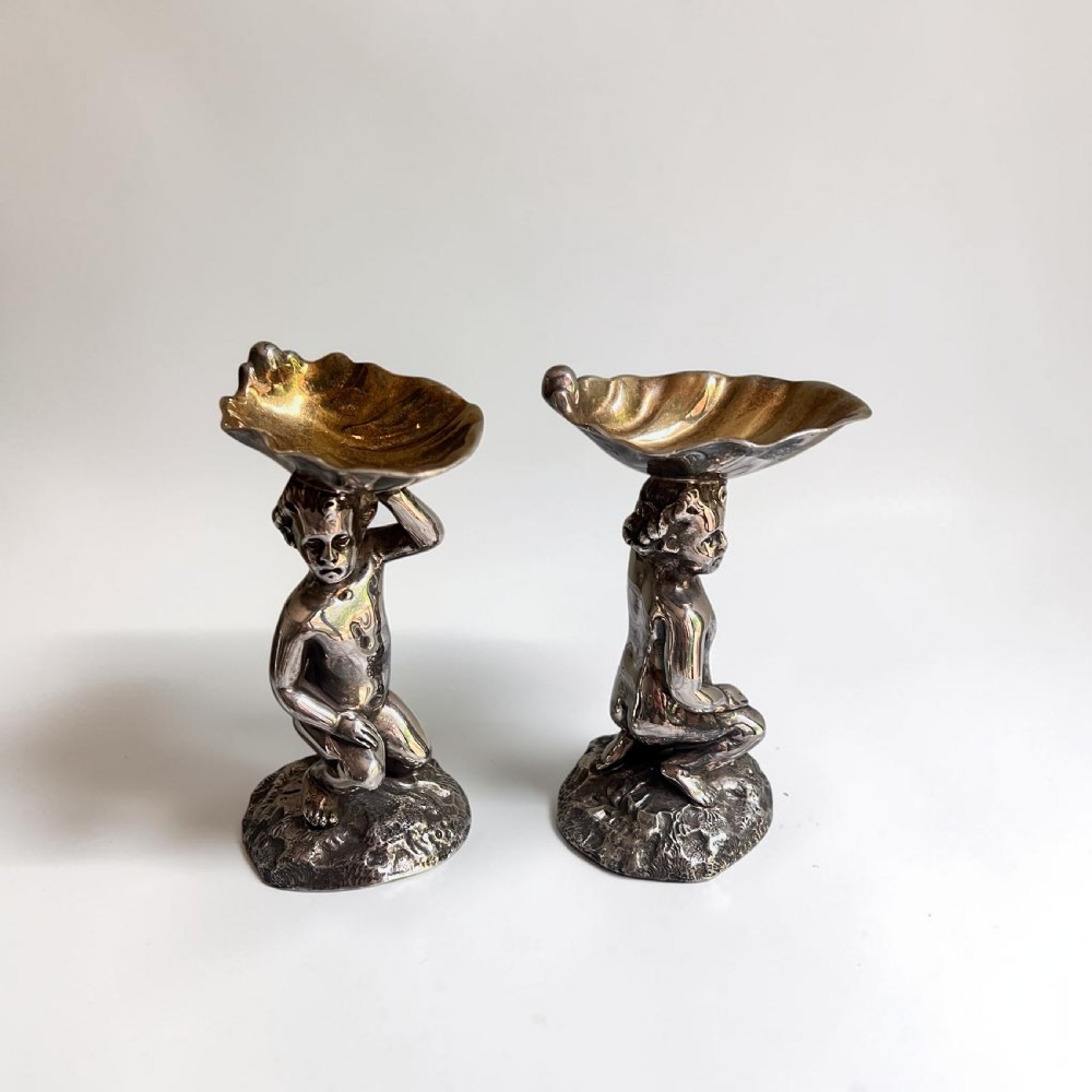 Pair Elkington Silver Plate Figural Salts, Gilt Lined, Circa 1900 View II