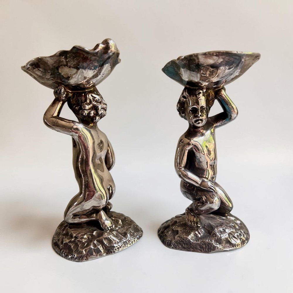 Pair Elkington Silver Plate Figural Salts, Gilt Lined, Circa 1900 View III