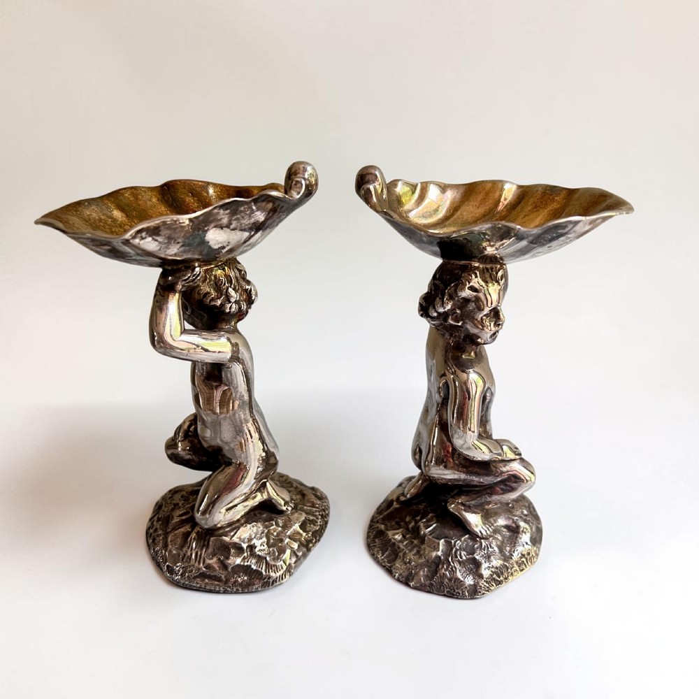 Pair Elkington Silver Plate Figural Salts, Gilt Lined, Circa 1900 View V