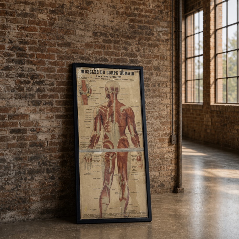 Large Vintage French Muscular System Anatomy Poster, Framed