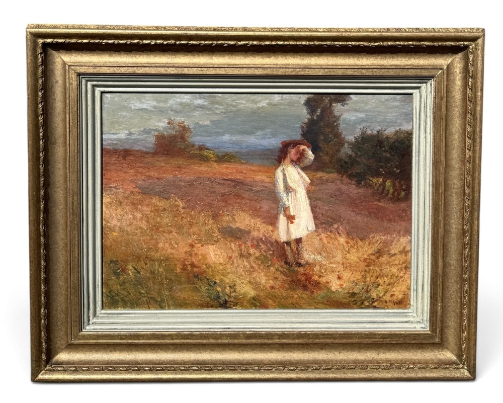 An impressionist oil painting depicting a young figure in a white dress standing in a sunlit field, presented in a moulded gilt frame.