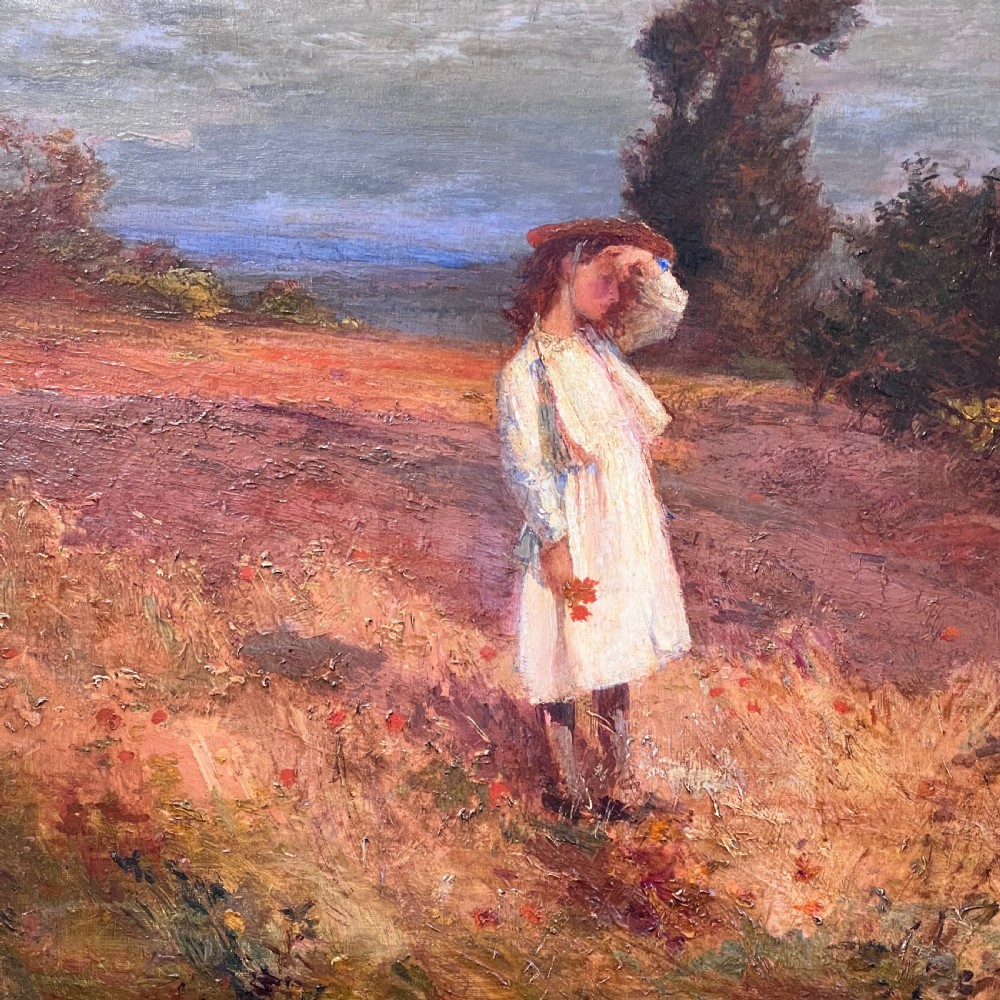 An impressionist oil painting depicting a young figure in a white dress standing in a sunlit field, presented in a moulded gilt frame. View III