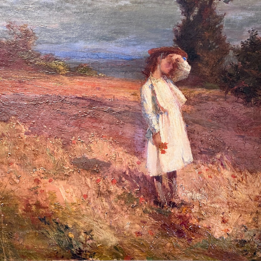An impressionist oil painting depicting a young figure in a white dress standing in a sunlit field, presented in a moulded gilt frame. View V