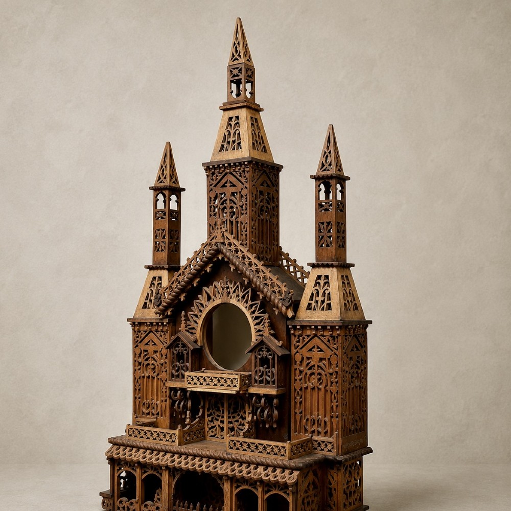 A carved wooden clock case designed in a Gothic cathedral architectural style with detailed fretwork, three spires, and a circular central opening. View II