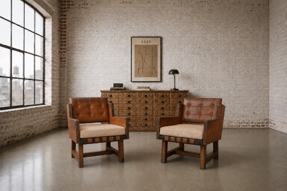 A pair of French 1930s cognac leather button-back armchairs with brass stud detailing and fabric seat cushions on wooden frames.