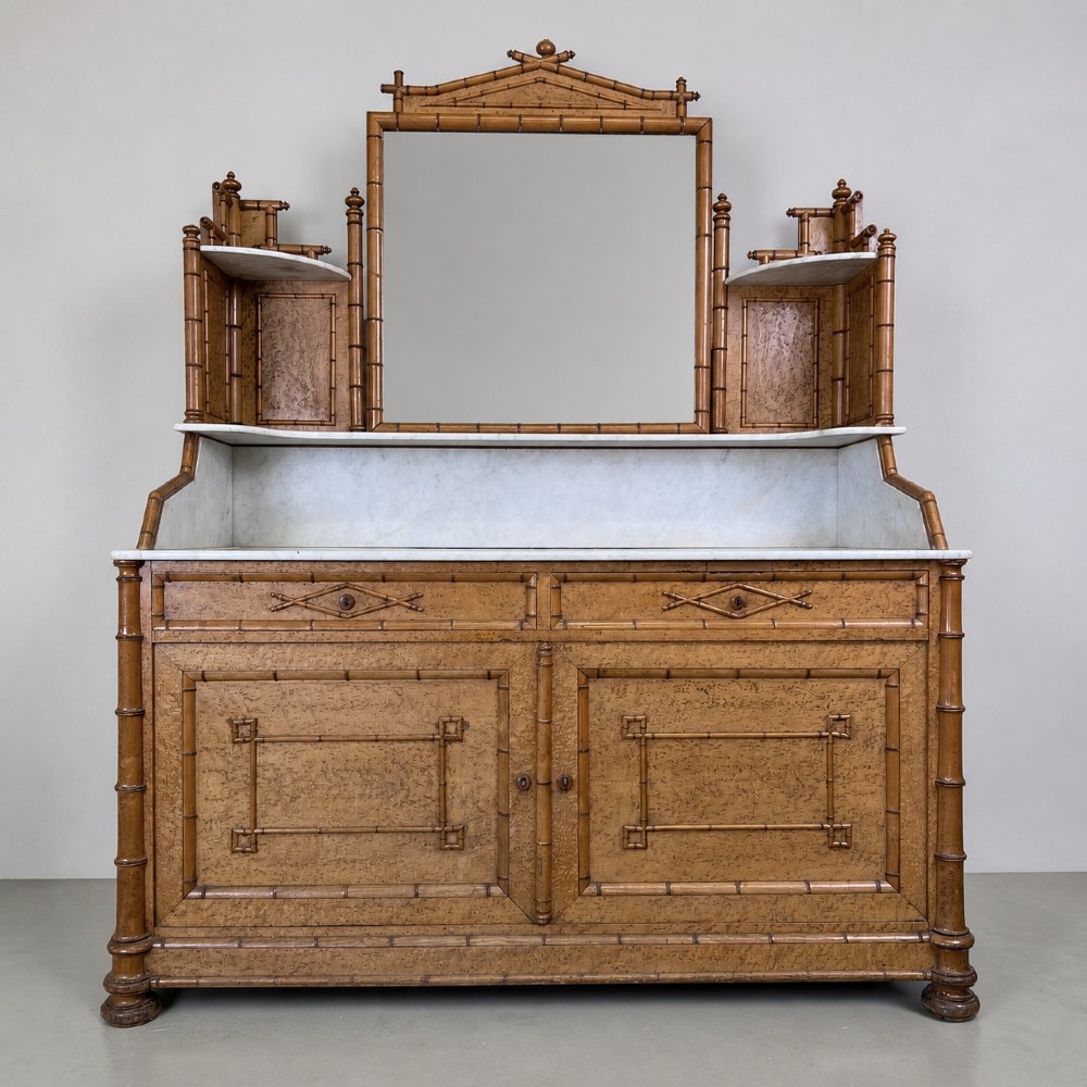 Late 19th-century French faux-bamboo birds-eye maple washstand featuring a central mirror, side shelf tiers, marble splashback and surface, over two drawers and a double cupboard.