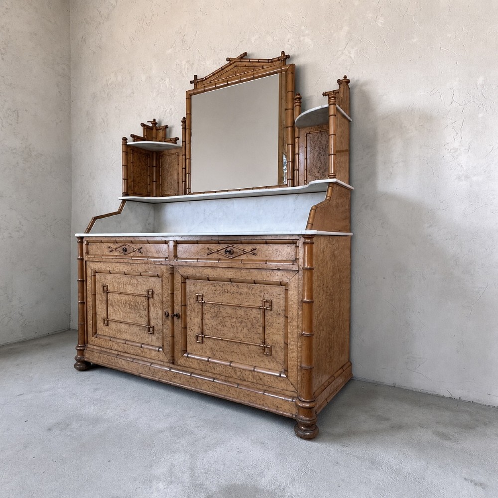 Late 19th-century French faux-bamboo birds-eye maple washstand featuring a central mirror, side shelf tiers, marble splashback and surface, over two drawers and a double cupboard. View III