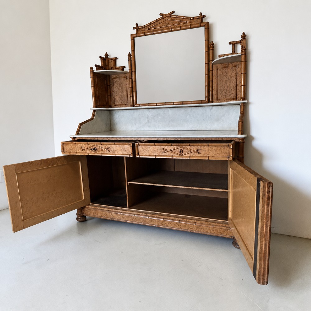 Late 19th-century French faux-bamboo birds-eye maple washstand featuring a central mirror, side shelf tiers, marble splashback and surface, over two drawers and a double cupboard. View IV
