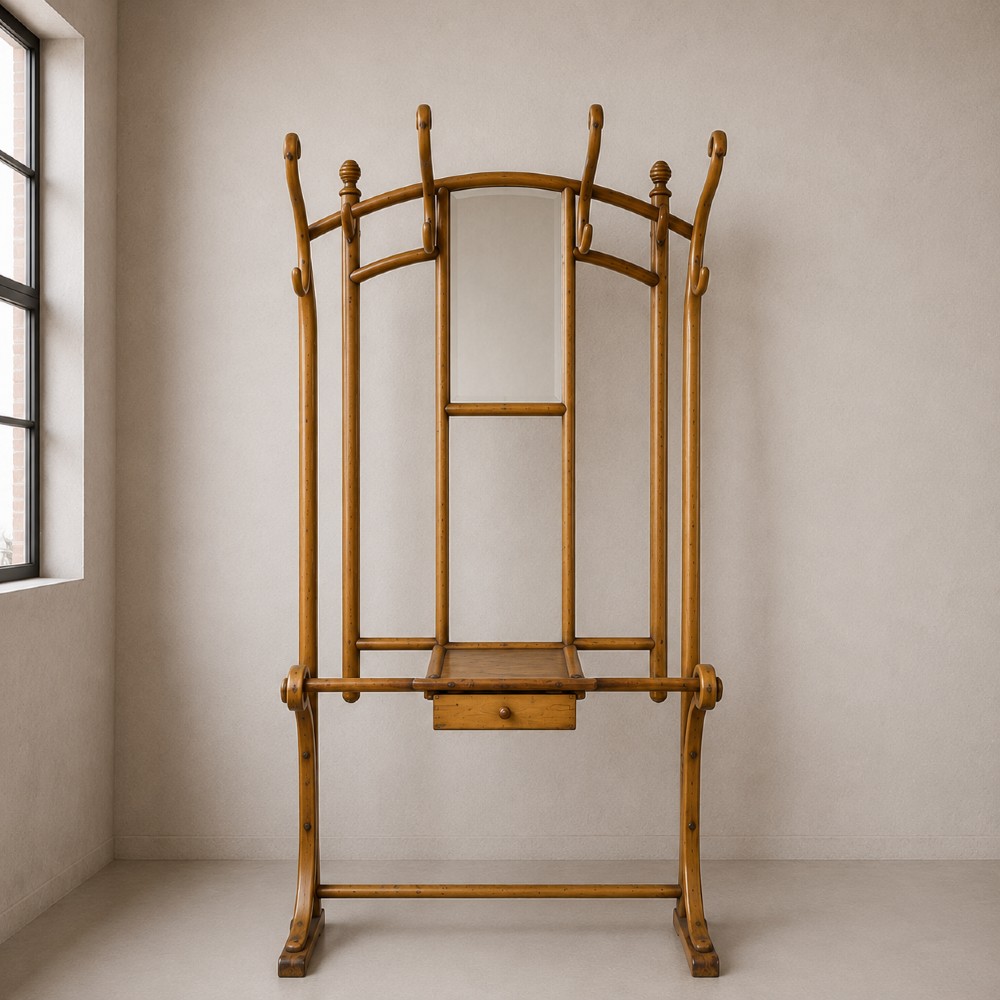 A tall steam-bent beechwood hall stand with a warm honey finish, featuring top coat hooks, a central rectangular mirror, a small drawer, and a lower umbrella rail. View II
