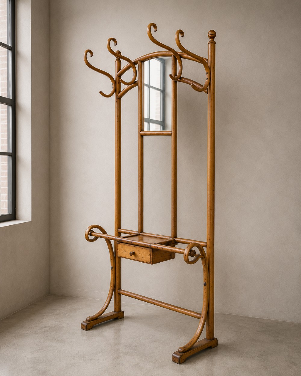 A tall steam-bent beechwood hall stand with a warm honey finish, featuring top coat hooks, a central rectangular mirror, a small drawer, and a lower umbrella rail. View III