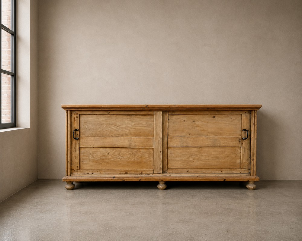 A large natural pine sideboard featuring two wide panelled doors with black metal handles and turned bun feet.