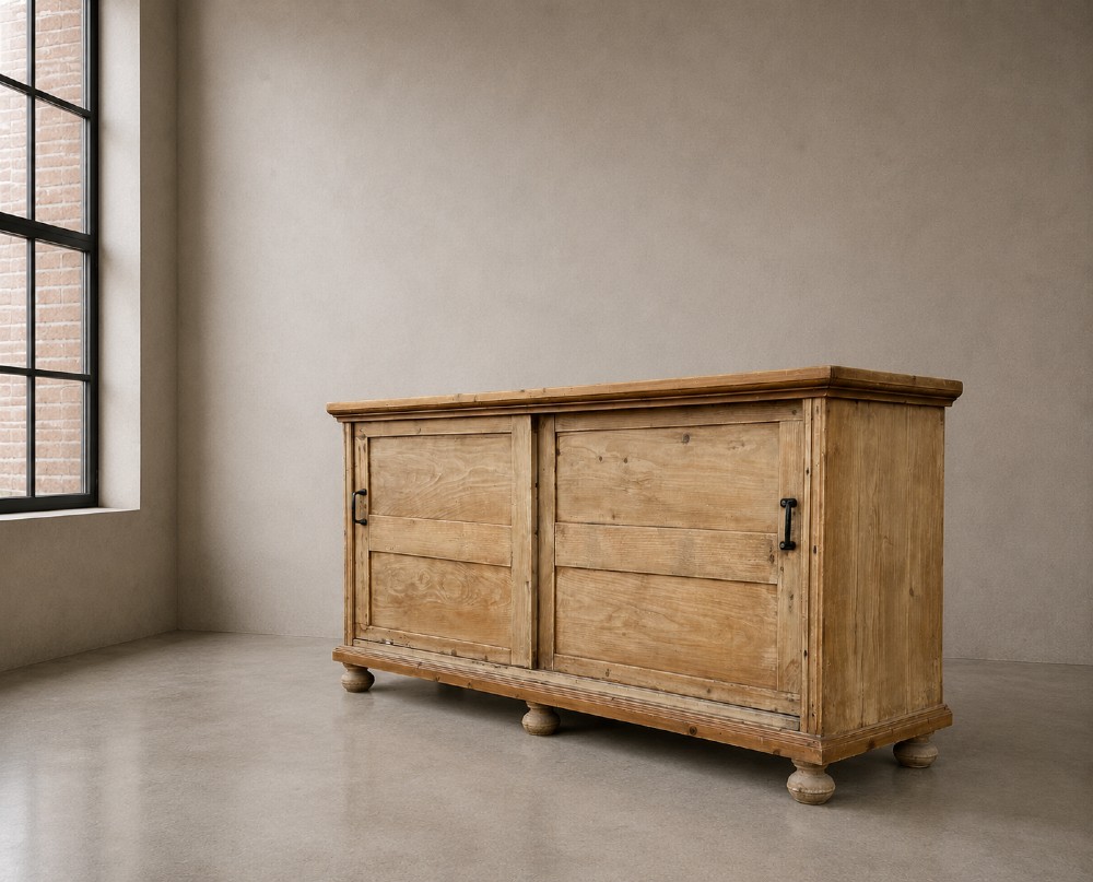 A large natural pine sideboard featuring two wide panelled doors with black metal handles and turned bun feet. View II