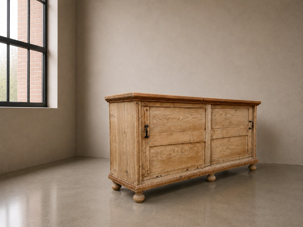 A large natural pine sideboard featuring two wide panelled doors with black metal handles and turned bun feet. View III