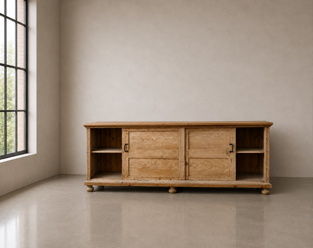 A large natural pine sideboard featuring two wide panelled doors with black metal handles and turned bun feet. View IV