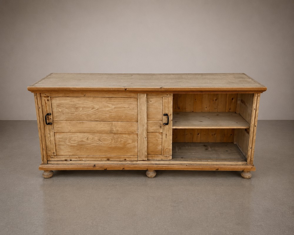 A large natural pine sideboard featuring two wide panelled doors with black metal handles and turned bun feet. View V