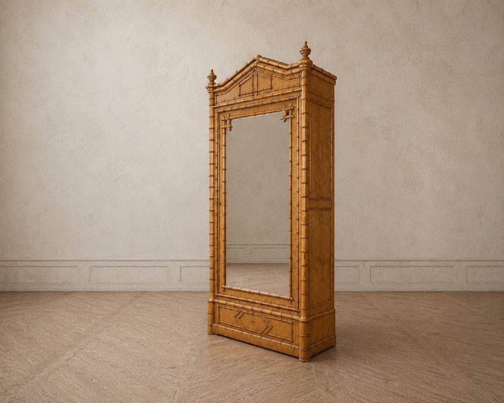 French birds eye maple single door armoire featuring faux bamboo turned mouldings, a full-length mirrored panel, base drawer, and carved cresting. View II