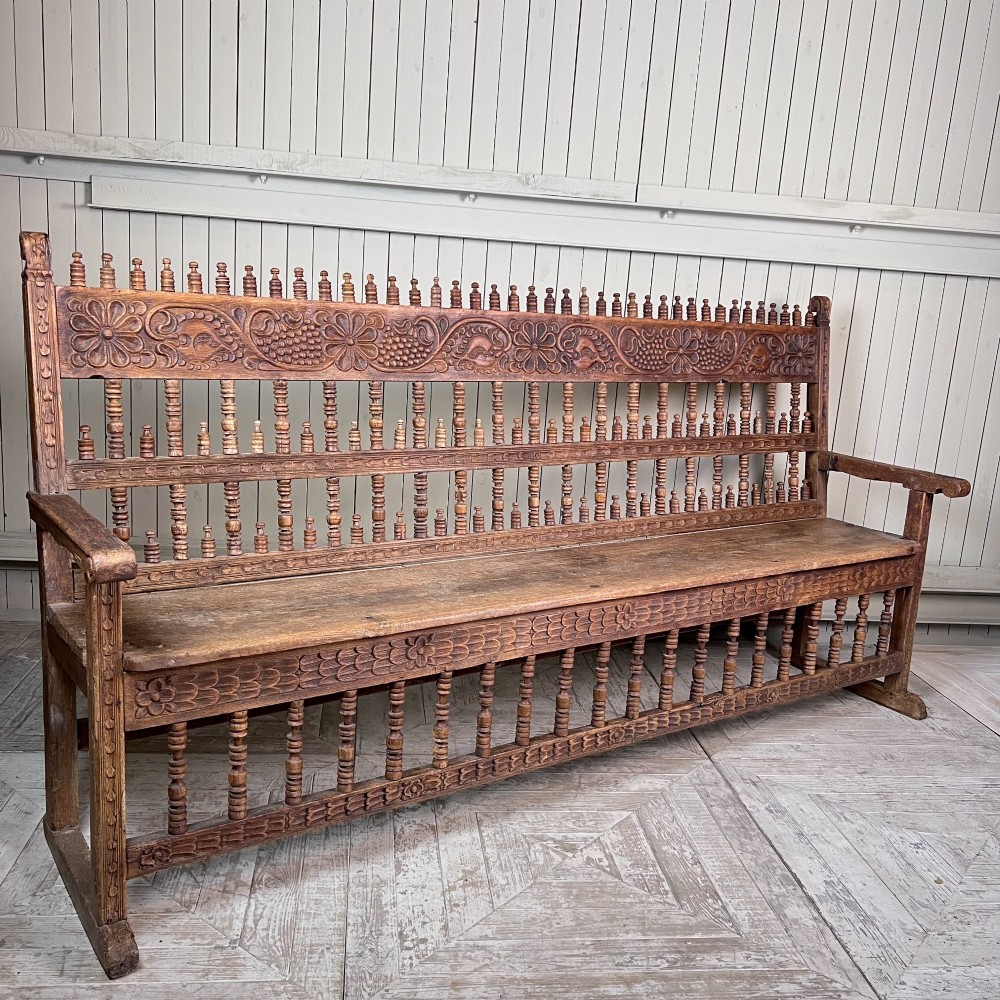 Large Antique Spanish Colonial Carved Hardwood Bench – Late 18th / Early 19th Century