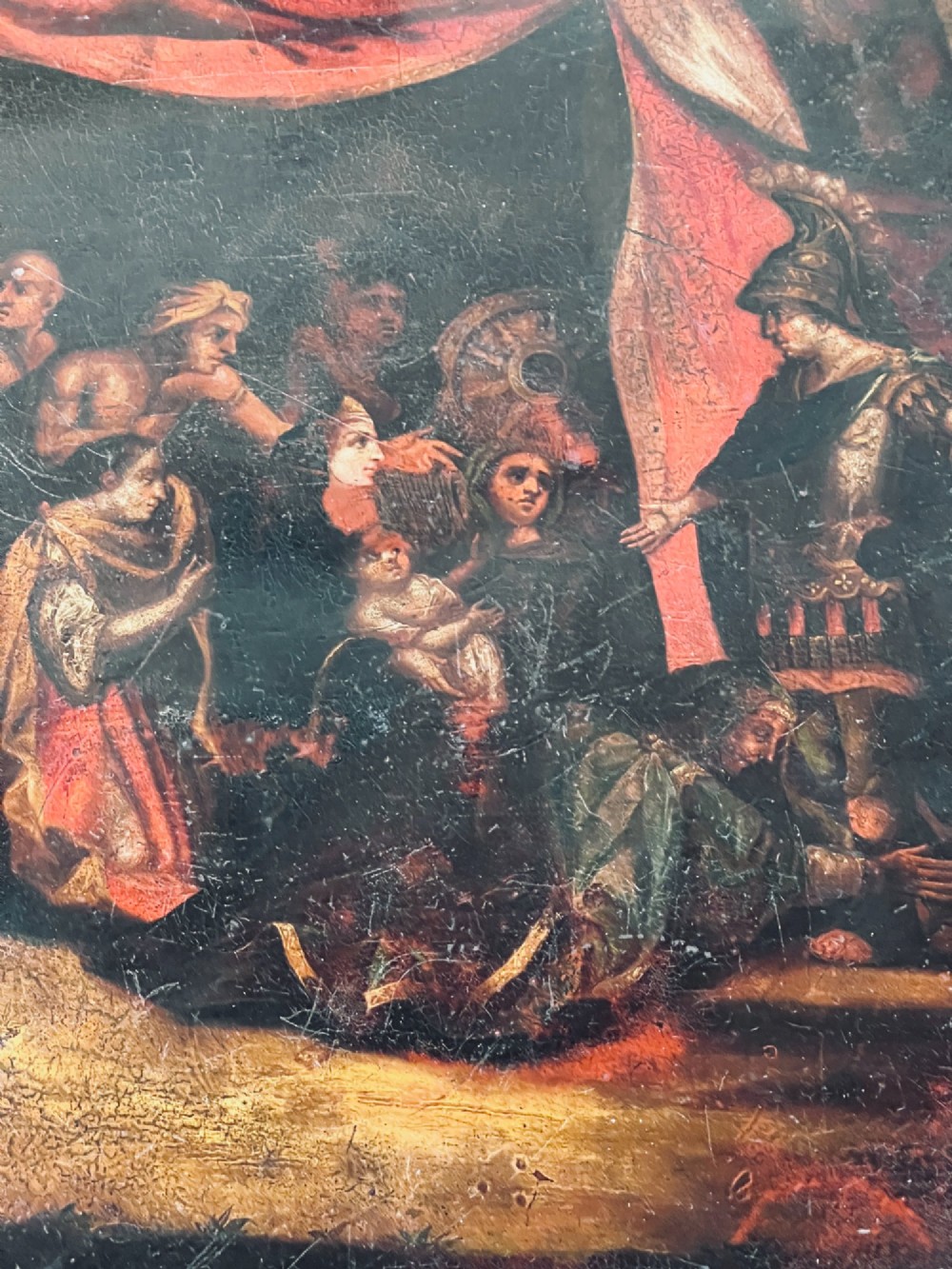 A nineteenth-century octagonal painted metal toleware tray table featuring a classical scene depicting the family of Darius before Alexander, set upon a dark wooden base. View III