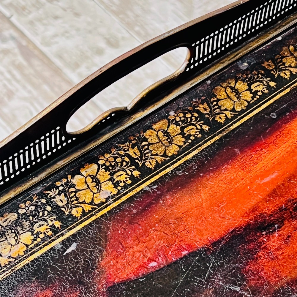 A nineteenth-century octagonal painted metal toleware tray table featuring a classical scene depicting the family of Darius before Alexander, set upon a dark wooden base. View VII