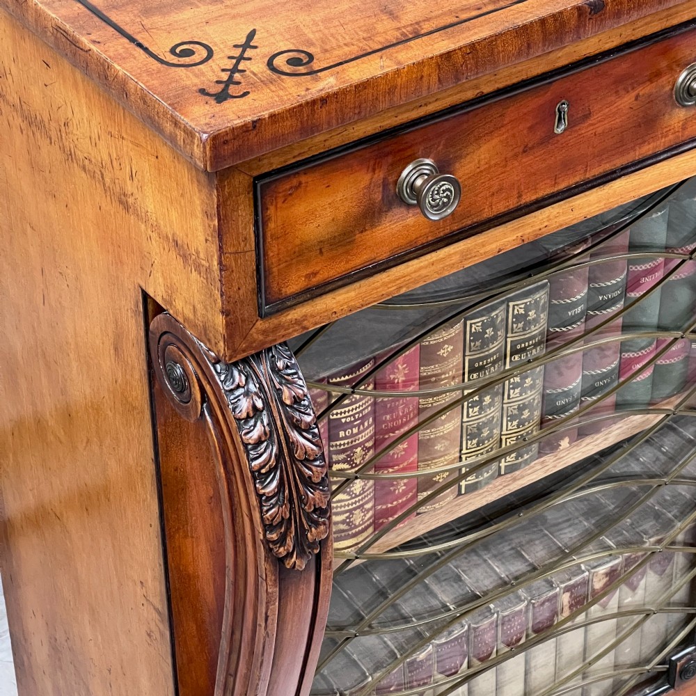 A Regency mahogany low chiffonier bookcase featuring brass wire grille doors, carved scroll supports terminating in paw feet, and brass inlay. View VI