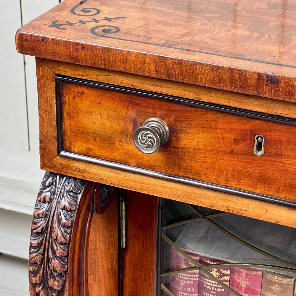 A Regency mahogany low chiffonier bookcase featuring brass wire grille doors, carved scroll supports terminating in paw feet, and brass inlay. View X