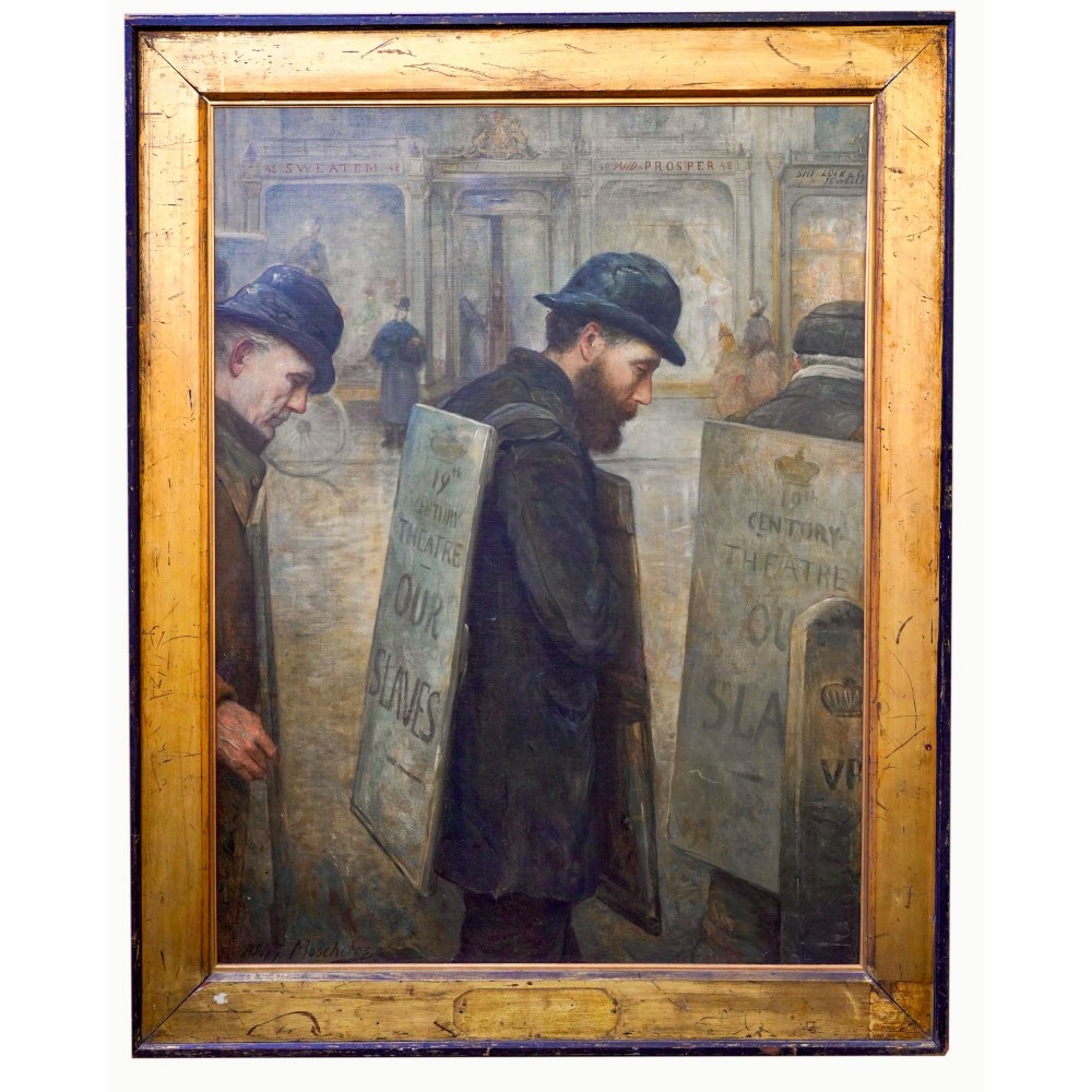 A large Victorian oil painting portraying street workers wearing sandwich boards, set within a wide gilded wood frame.