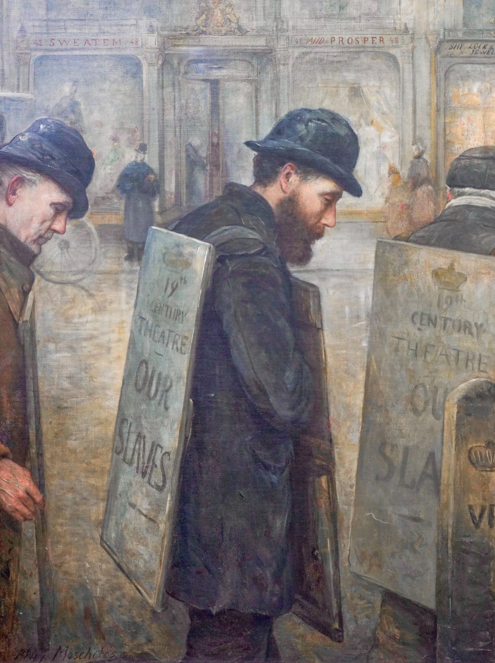 A large Victorian oil painting portraying street workers wearing sandwich boards, set within a wide gilded wood frame. View II