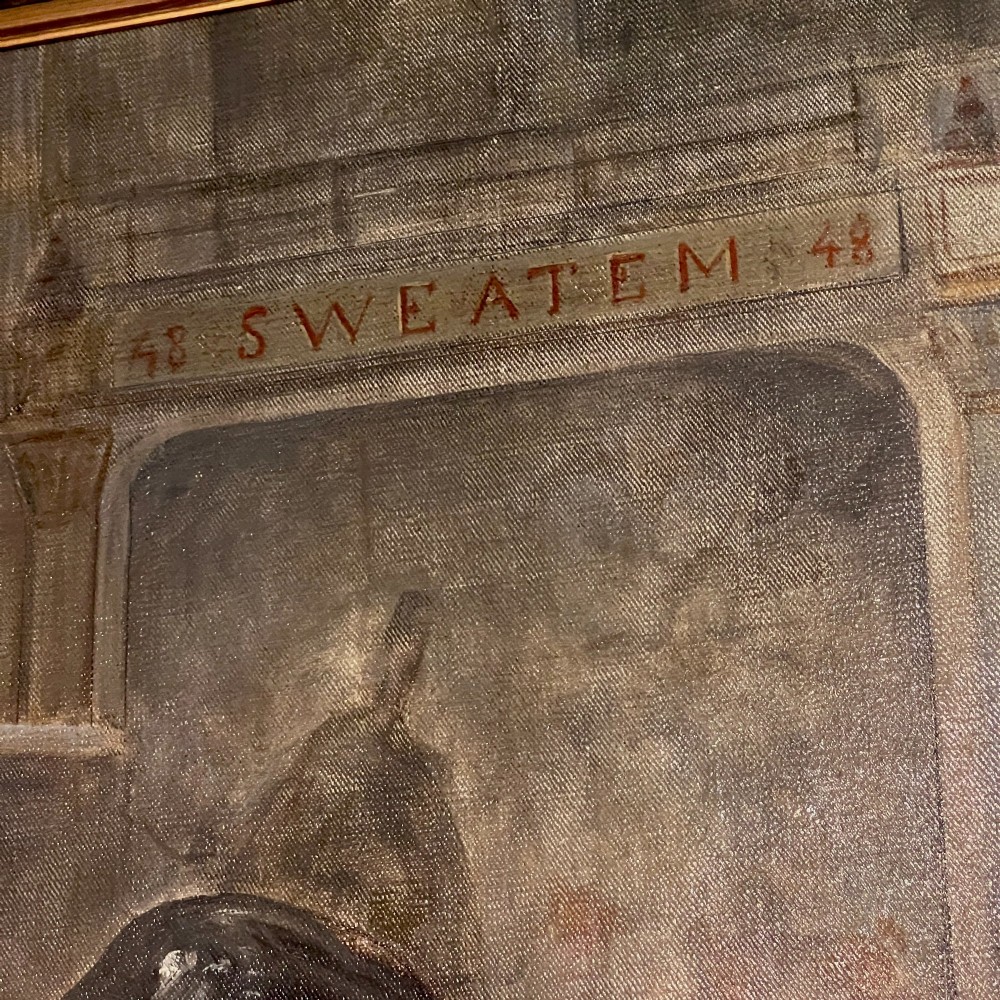 A large Victorian oil painting portraying street workers wearing sandwich boards, set within a wide gilded wood frame. View VI