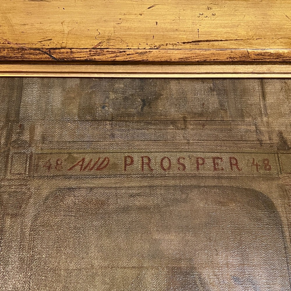 A large Victorian oil painting portraying street workers wearing sandwich boards, set within a wide gilded wood frame. View VII