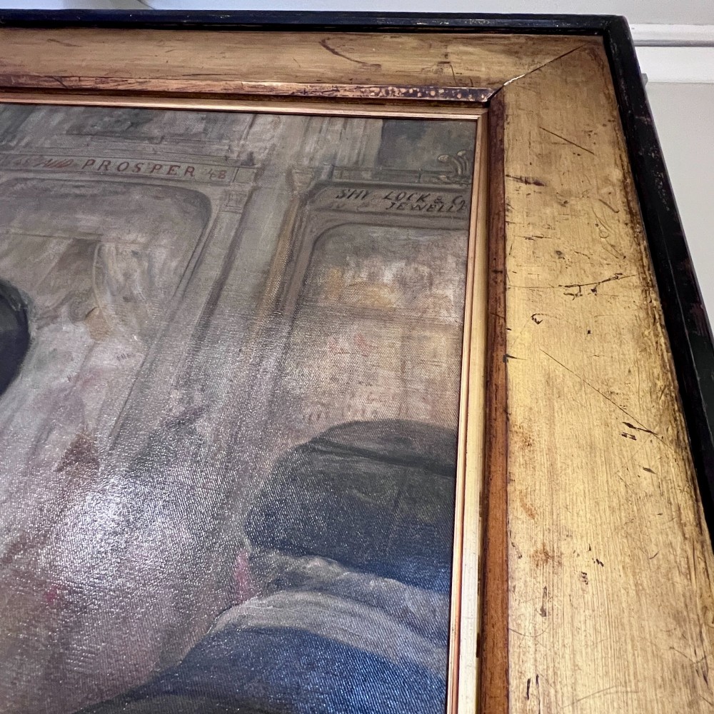 A large Victorian oil painting portraying street workers wearing sandwich boards, set within a wide gilded wood frame. View VIII