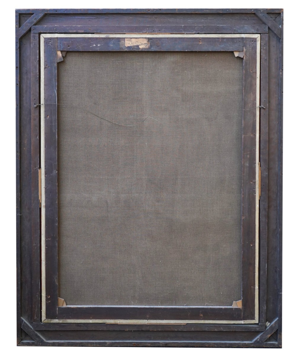 A large Victorian oil painting portraying street workers wearing sandwich boards, set within a wide gilded wood frame. View X