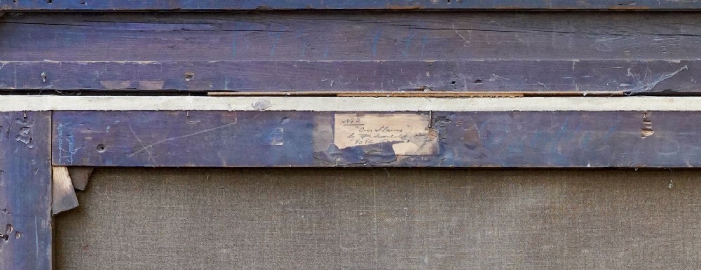 A large Victorian oil painting portraying street workers wearing sandwich boards, set within a wide gilded wood frame. View XI