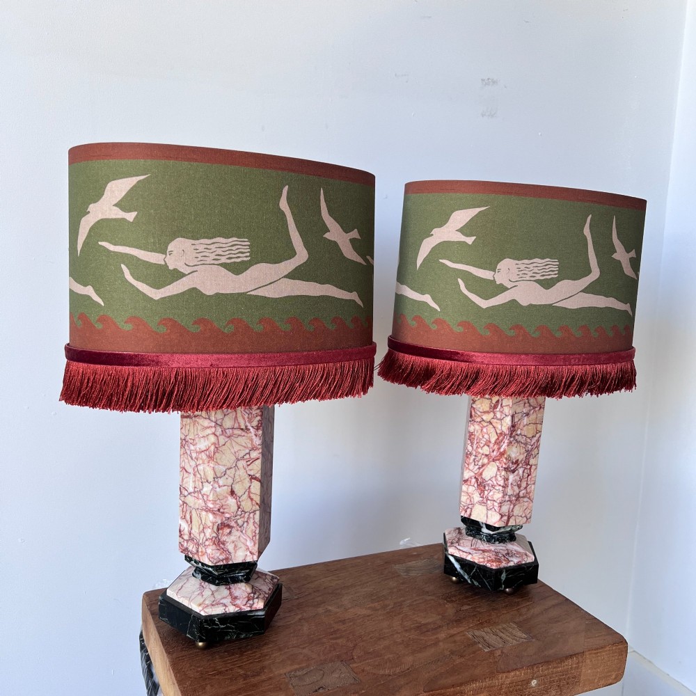Pair Of Italian Marble Table Lamps With Bespoke Shades View II