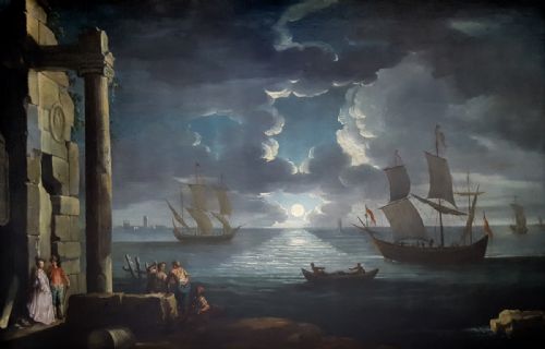 a mediteranean moonlit bay italy 18th century studio of leonardo coccorante 16801750 - CATEGORY: ANTIQUE ART - DATED 18TH CENTURY