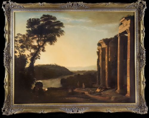 capriccio with figures in a landscape 18th century follower of claude lorrain c16001682 - CATEGORY: ANTIQUE ART - DATED 18TH CENTURY