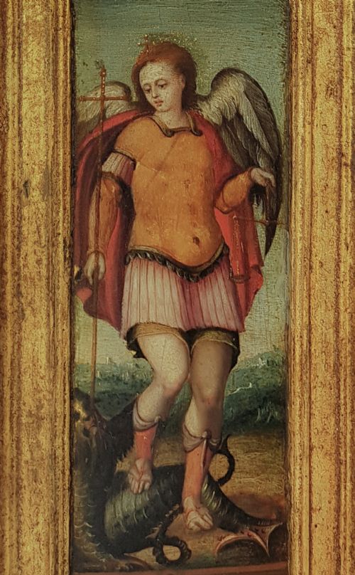 18TH CENTURY SPANISH TRIPTYCH OF CHRIST THE MADONNA ST MICHAEL AND SAINT FRANCIS OIL ON WOOD - ADDITIONAL PHOTO 4