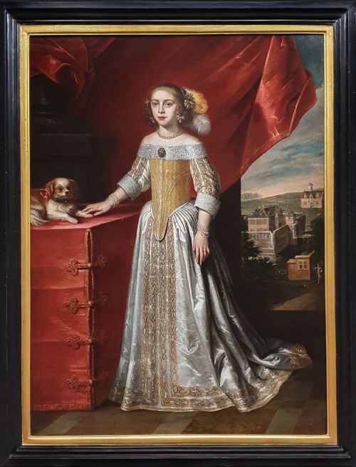 portrait of a young lady in an interior with a pet dog c165060 circle of jan weesop fl 16401653 - CATEGORY: ANTIQUE ART - DATED 17TH CENTURY