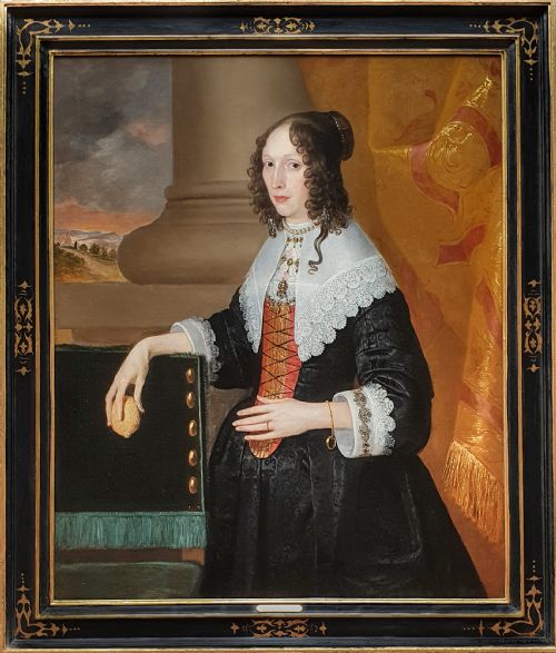 portrait of a lady holding a lemon with landscape beyond c1640 antique oil on canvas circle of edward bower 15971667 - CATEGORY: ANTIQUE ART - DATED 17TH CENTURY