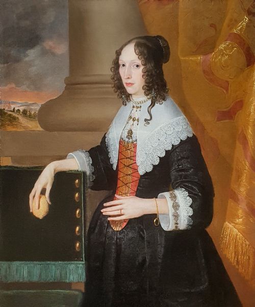 PORTRAIT OF A LADY HOLDING A LEMON WITH LANDSCAPE BEYOND C1640 ANTIQUE OIL ON CANVAS CIRCLE OF EDWARD BOWER 15971667 - ADDITIONAL PHOTO 1