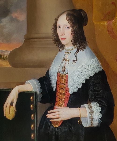 PORTRAIT OF A LADY HOLDING A LEMON WITH LANDSCAPE BEYOND C1640 ANTIQUE OIL ON CANVAS CIRCLE OF EDWARD BOWER 15971667 - ADDITIONAL PHOTO 2