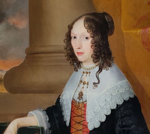 PORTRAIT OF A LADY HOLDING A LEMON WITH LANDSCAPE BEYOND C1640 ANTIQUE OIL ON CANVAS CIRCLE OF EDWARD BOWER 15971667 - ADDITIONAL PHOTO 3